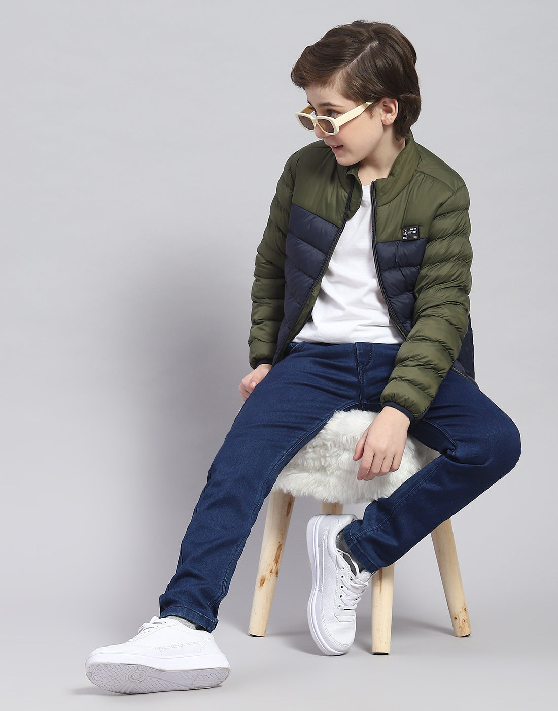 Boys Olive Solid Stand Collar Full Sleeve Boys Jacket