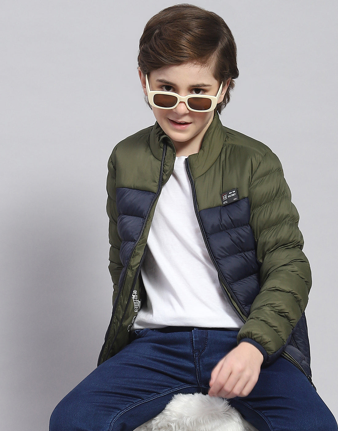 Boys Olive Solid Stand Collar Full Sleeve Boys Jacket