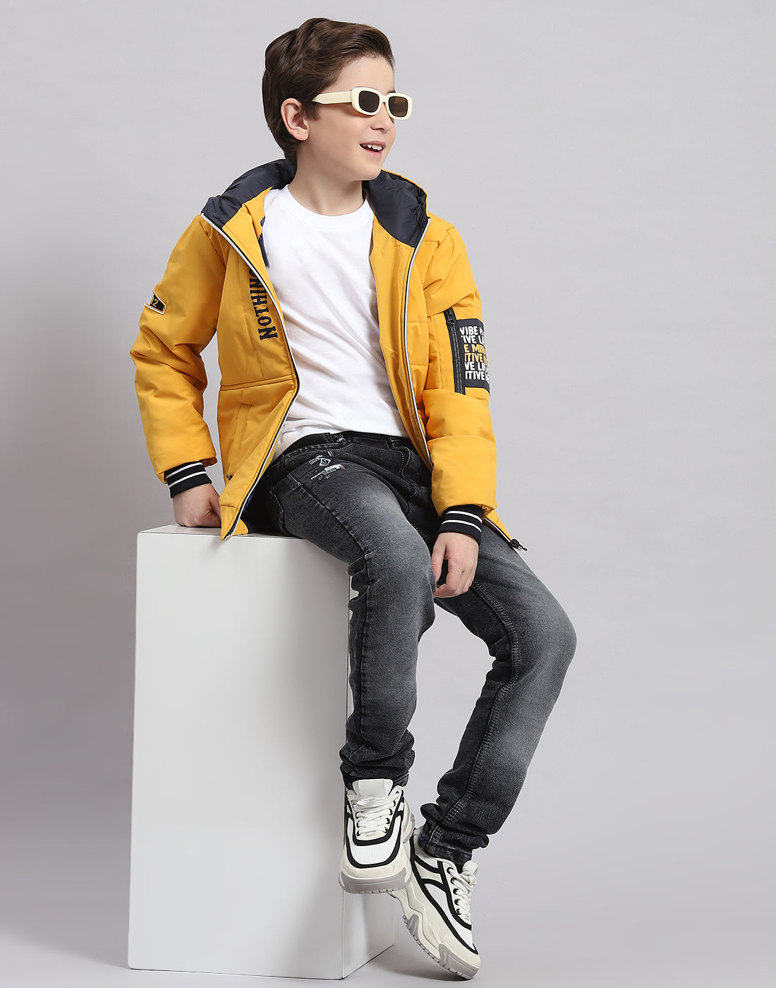 Boys Mustard Solid Hooded Full Sleeve Boys Jacket