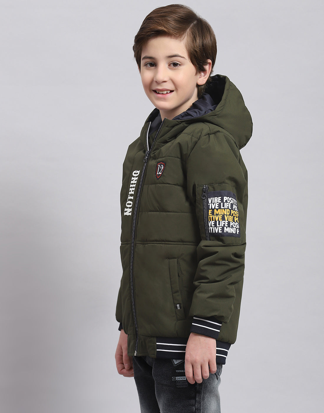 Boys Olive Solid Hooded Full Sleeve Boys Jacket