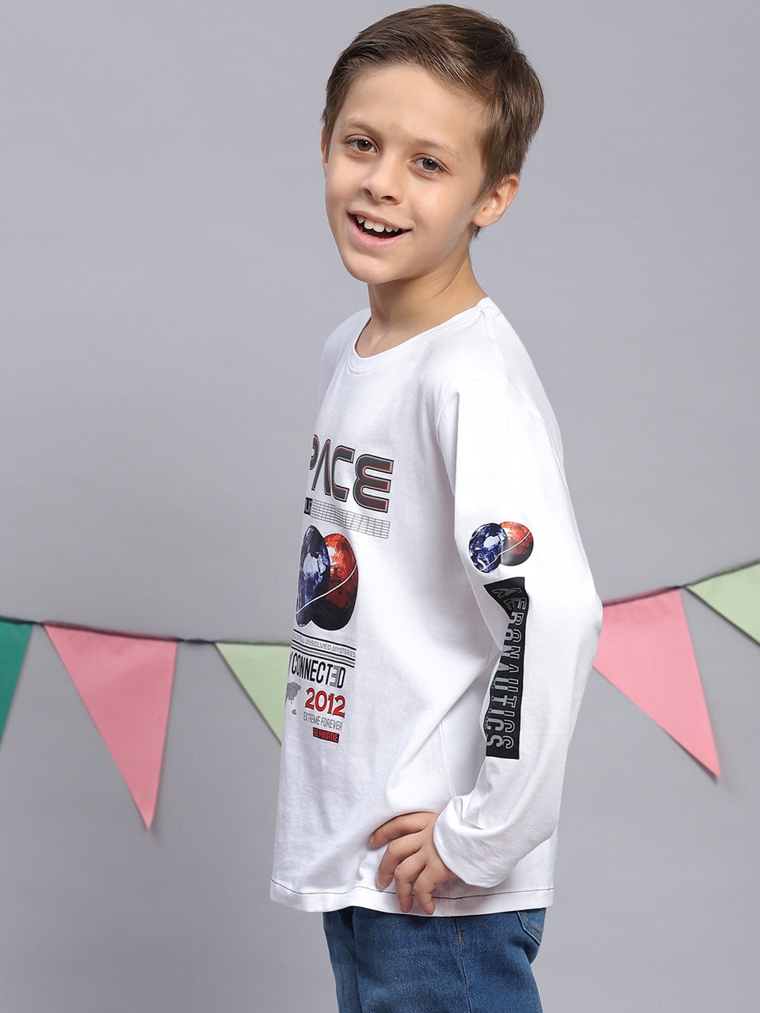 Boys White Printed Round Neck Full Sleeve T-Shirts