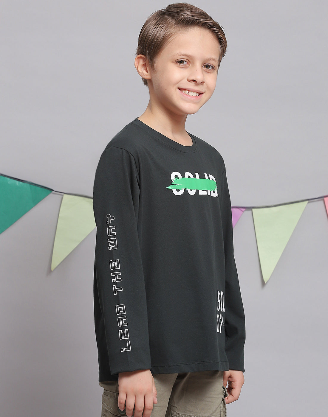 Boys Green Printed Round Neck Full Sleeve T-Shirts