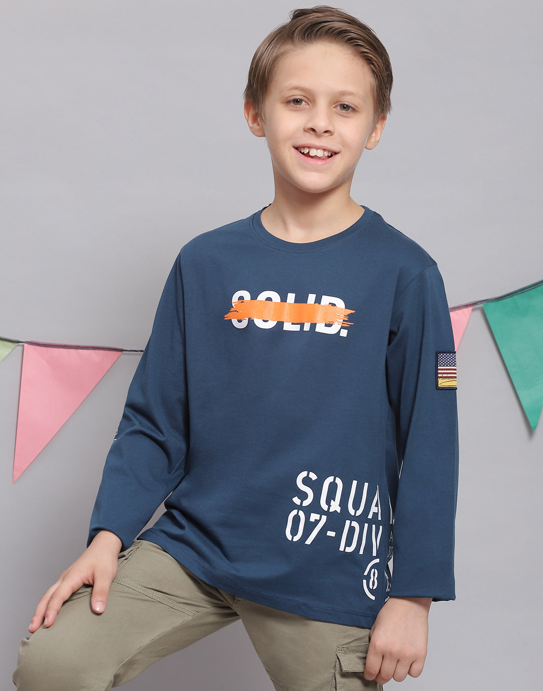 Boys Teal Blue Printed Round Neck Full Sleeve T-Shirts