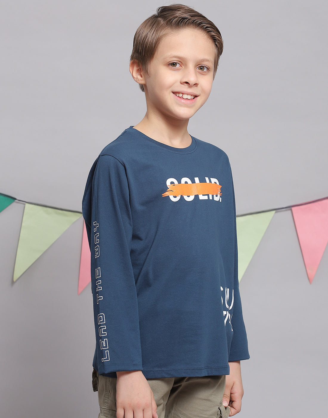 Boys Teal Blue Printed Round Neck Full Sleeve T-Shirts