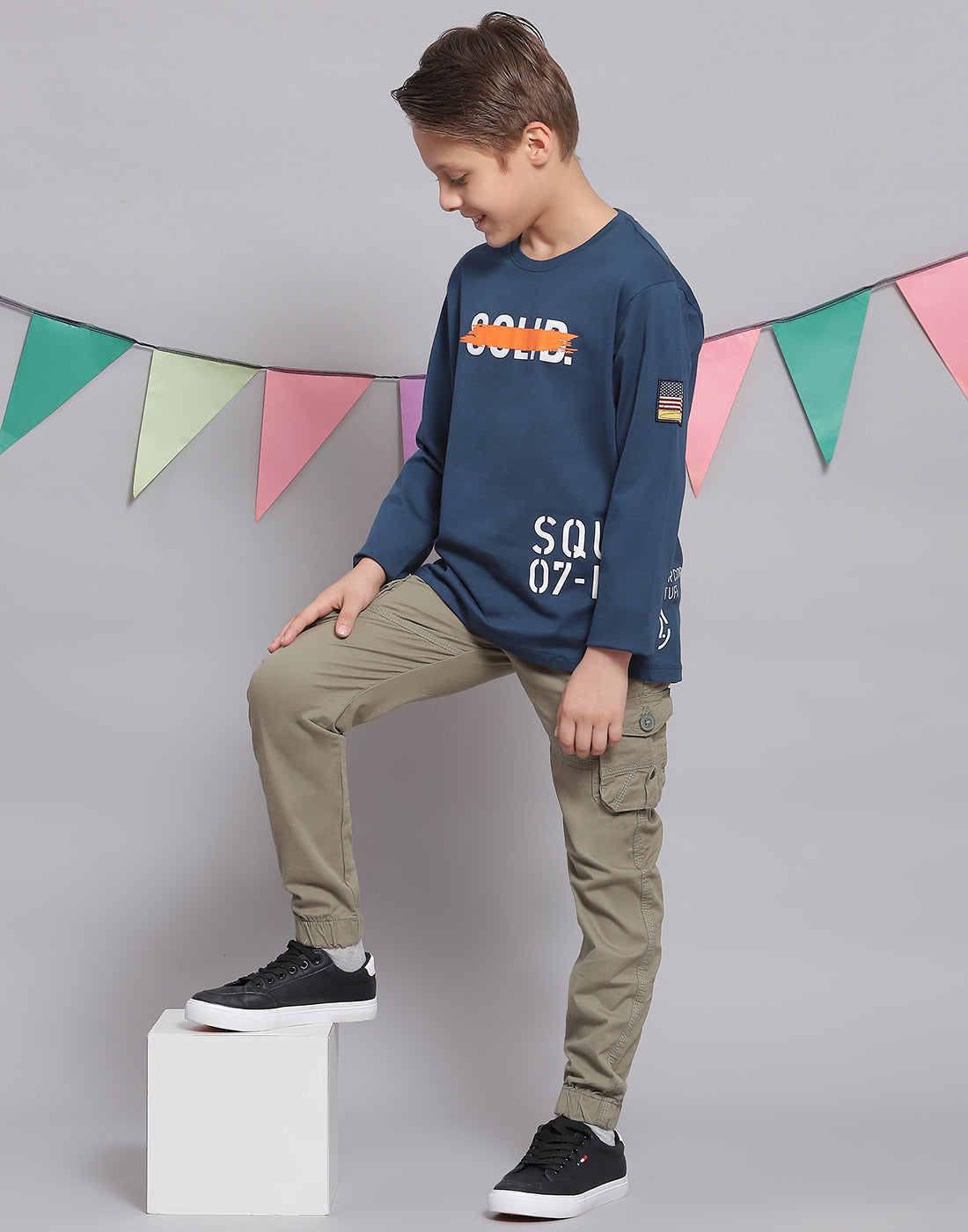 Boys Teal Blue Printed Round Neck Full Sleeve T-Shirts