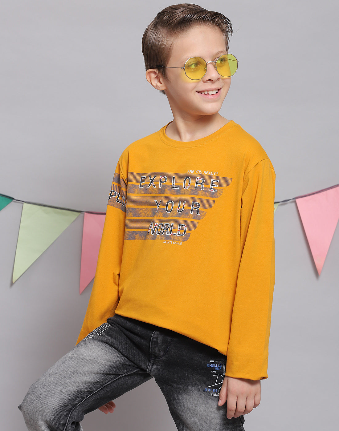 Boys Mustard Printed Round Neck Full Sleeve T-Shirts