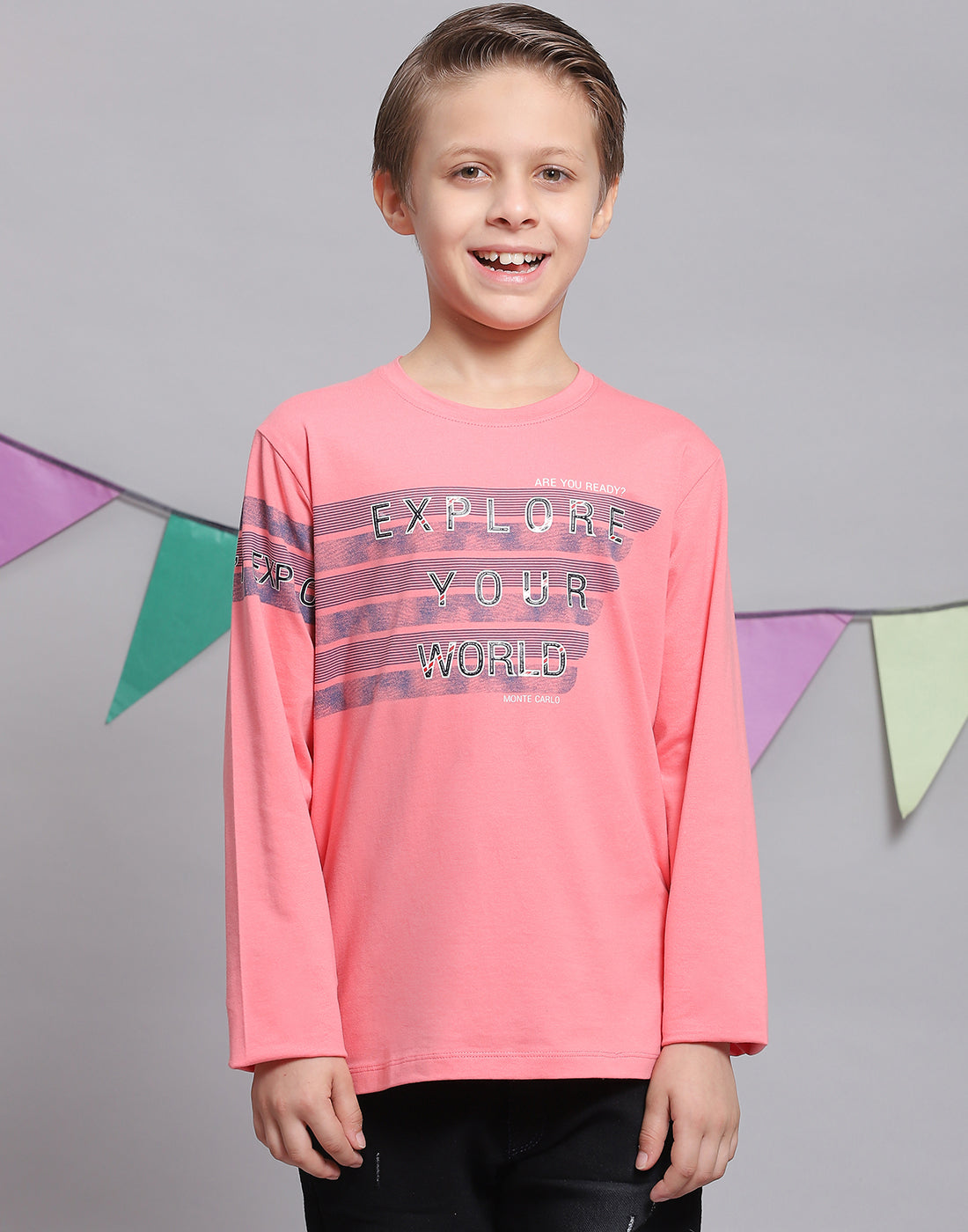 Boys Pink Printed Round Neck Full Sleeve T-Shirts