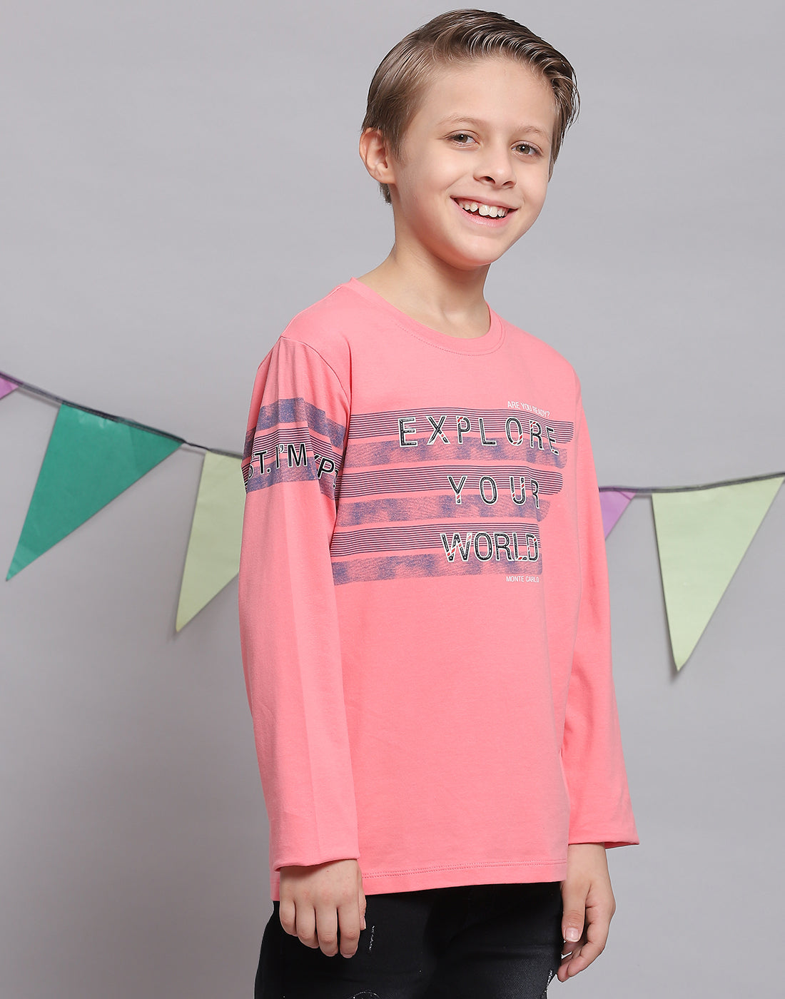 Boys Pink Printed Round Neck Full Sleeve T-Shirts
