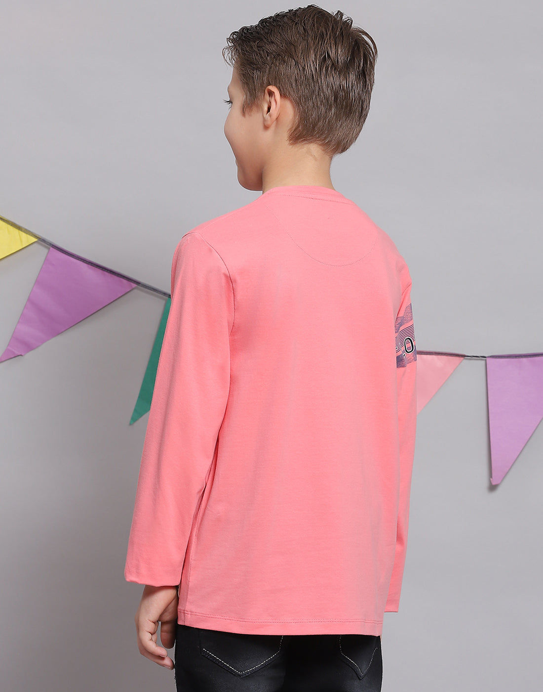 Boys Pink Printed Round Neck Full Sleeve T-Shirts