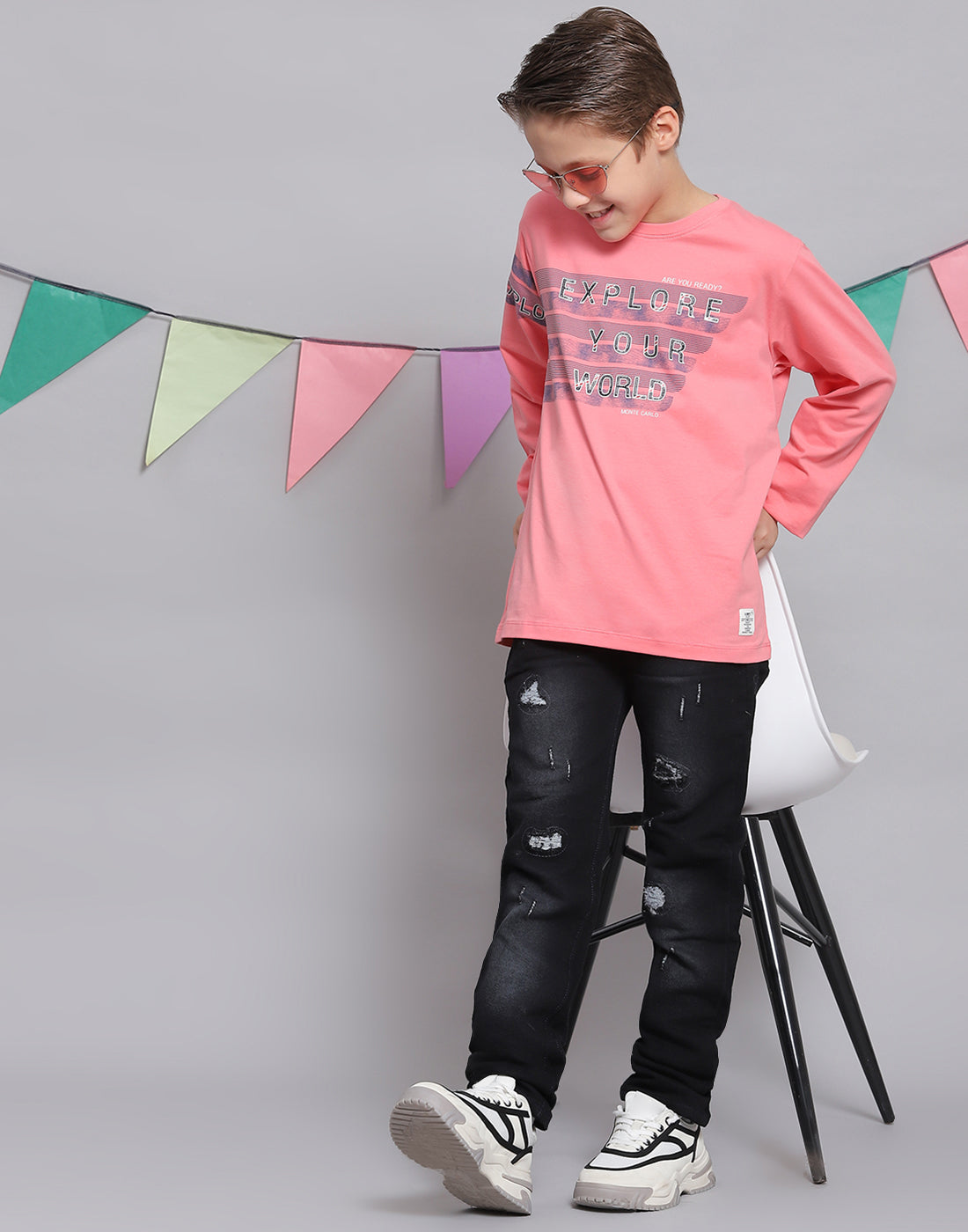 Boys Pink Printed Round Neck Full Sleeve T-Shirts