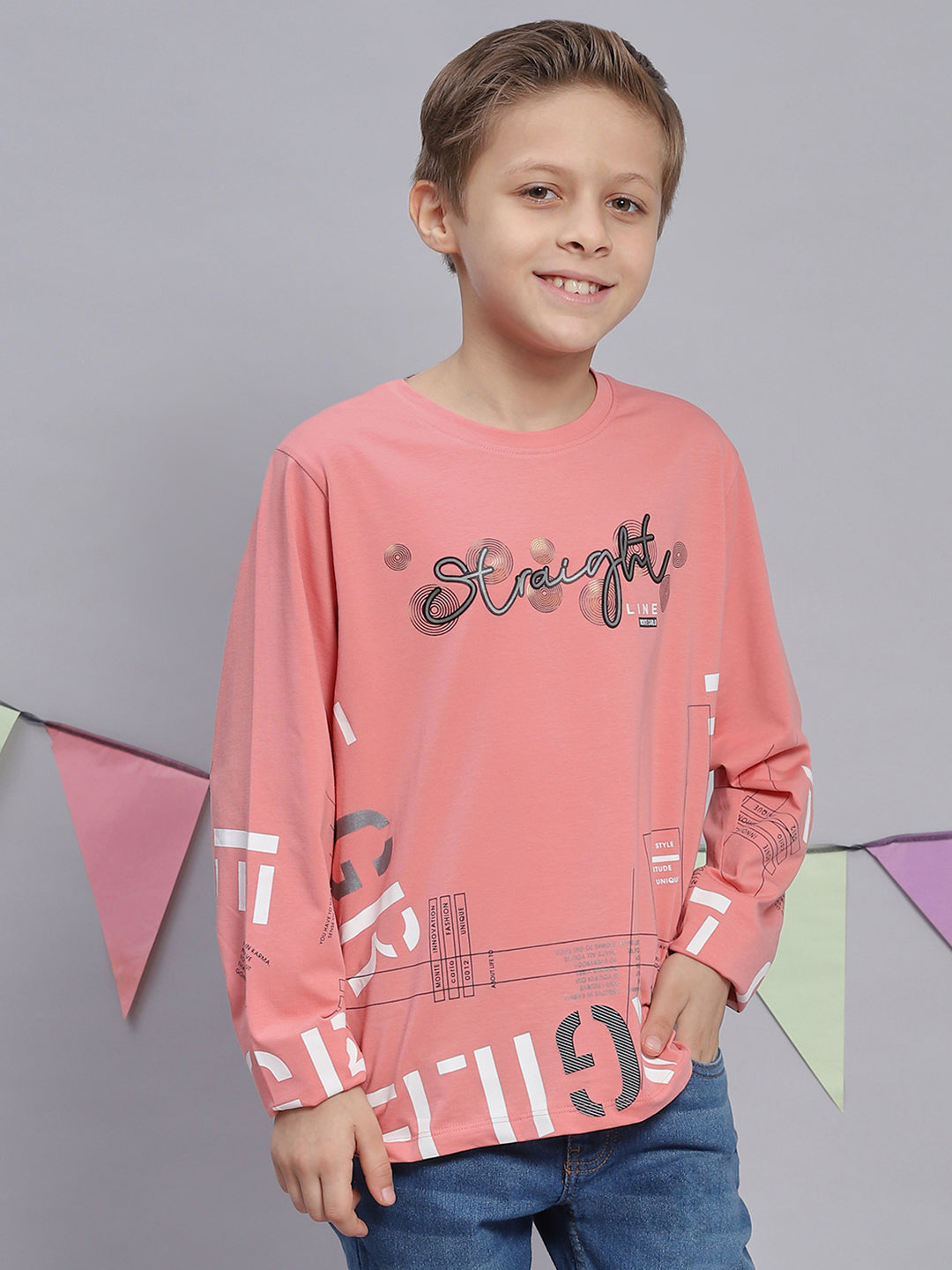Boys Pink Printed Round Neck Full Sleeve T-Shirts