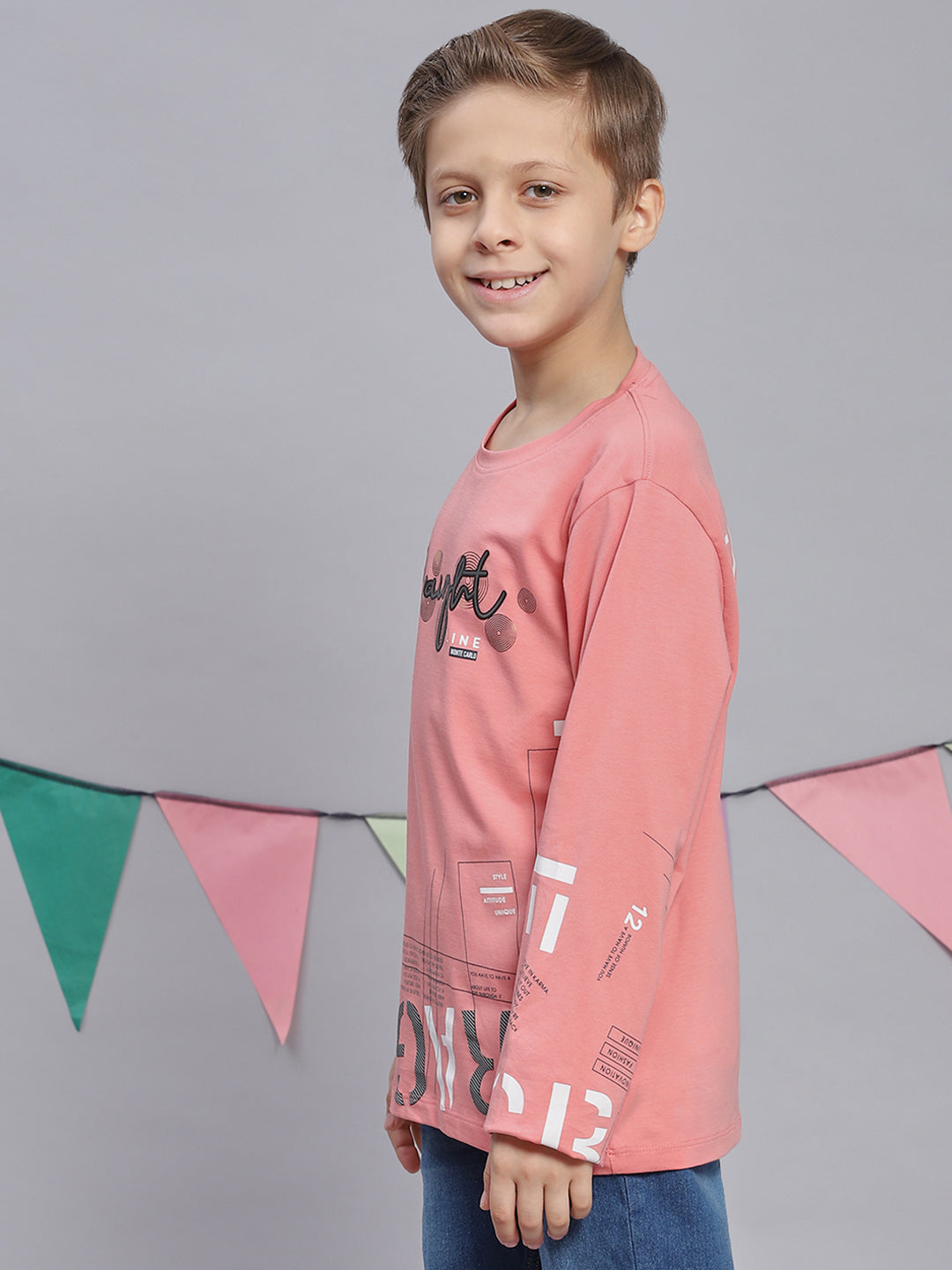 Boys Pink Printed Round Neck Full Sleeve T-Shirts