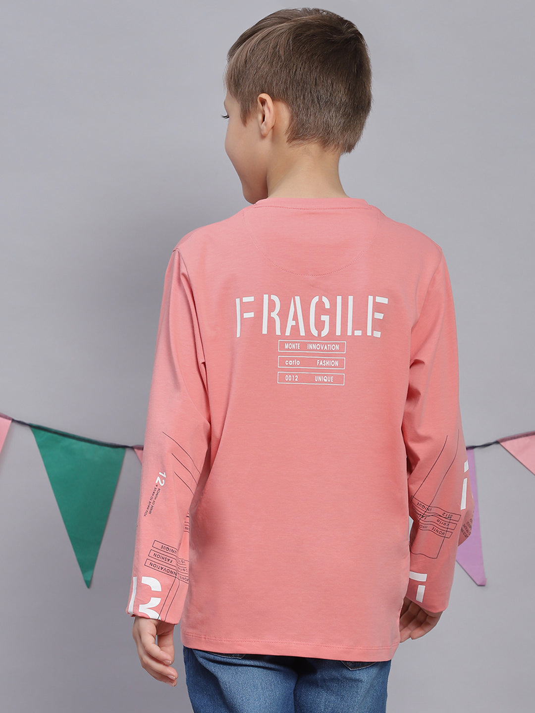 Boys Pink Printed Round Neck Full Sleeve T-Shirts