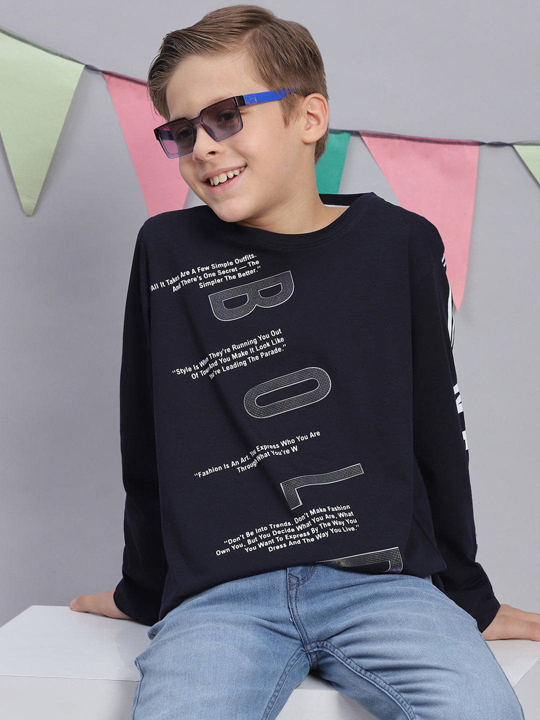 Boys Navy Blue Printed Round Neck Full Sleeve T-Shirts