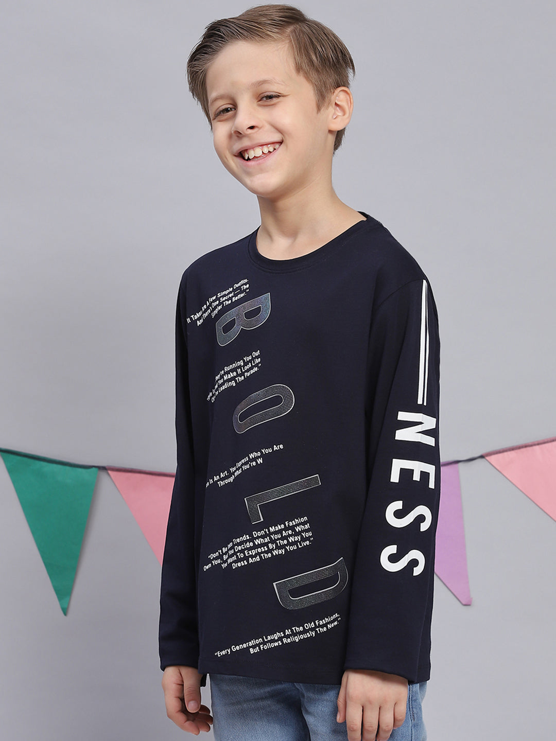 Boys Navy Blue Printed Round Neck Full Sleeve T-Shirts