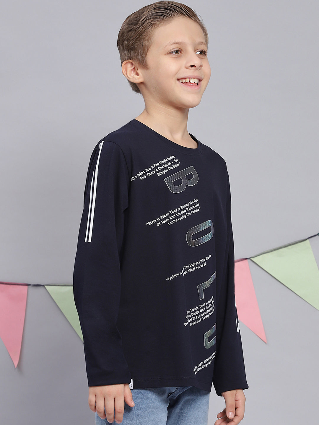 Boys Navy Blue Printed Round Neck Full Sleeve T-Shirts