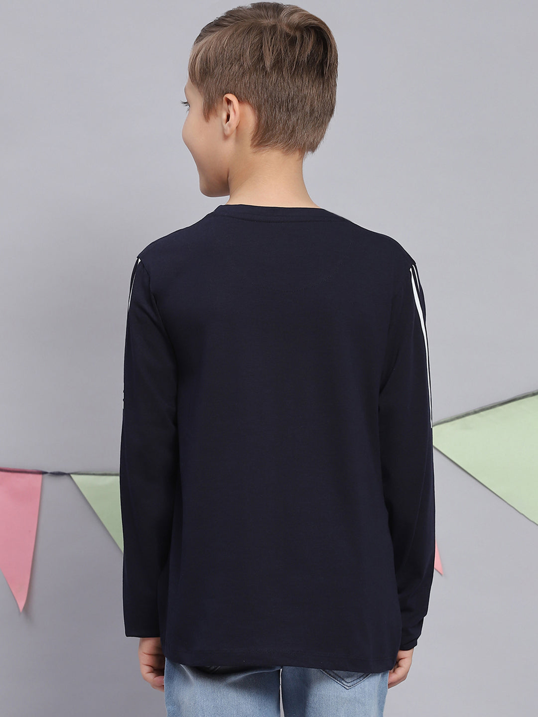 Boys Navy Blue Printed Round Neck Full Sleeve T-Shirts