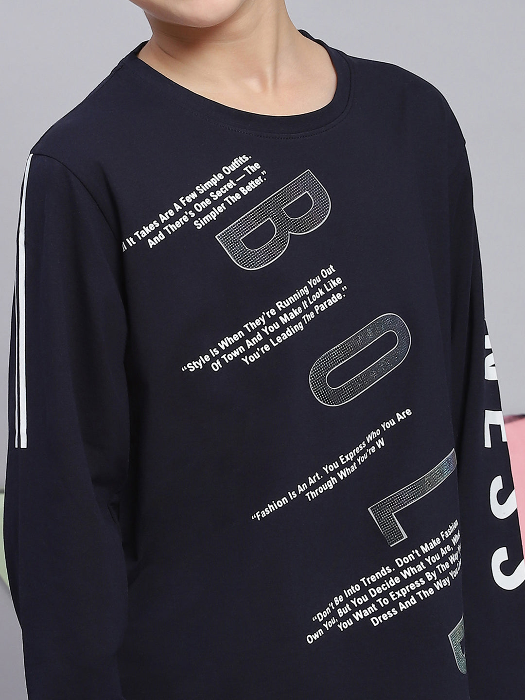 Boys Navy Blue Printed Round Neck Full Sleeve T-Shirts