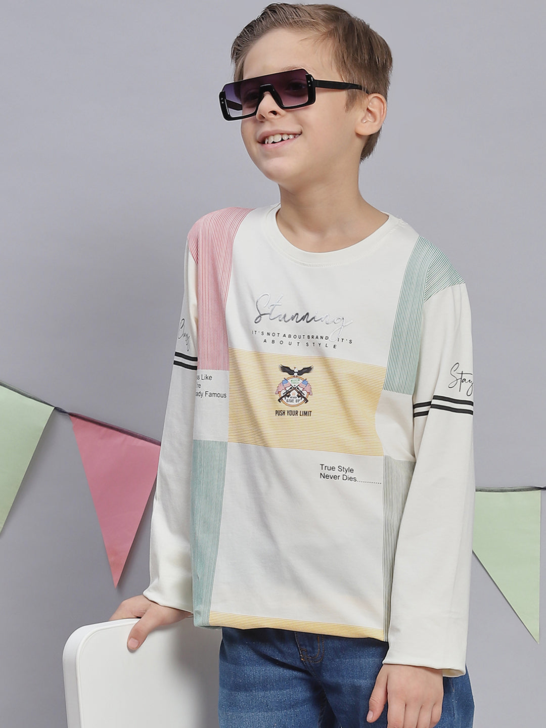 Boys Off White Printed Round Neck Full Sleeve T-Shirts