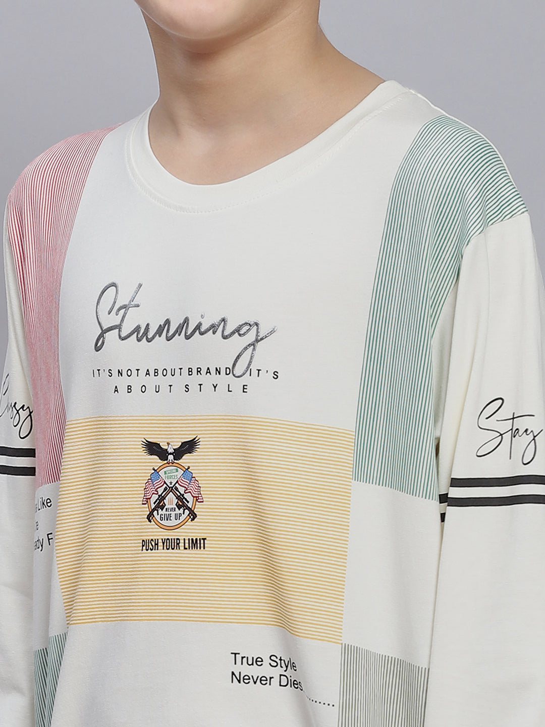 Boys Off White Printed Round Neck Full Sleeve T-Shirts