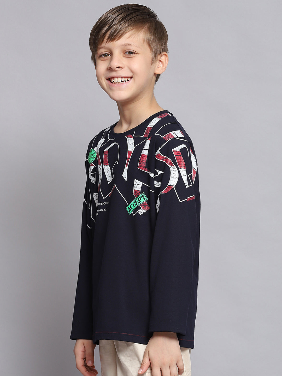 Boys Navy Blue Printed Round Neck Full Sleeve T-Shirts