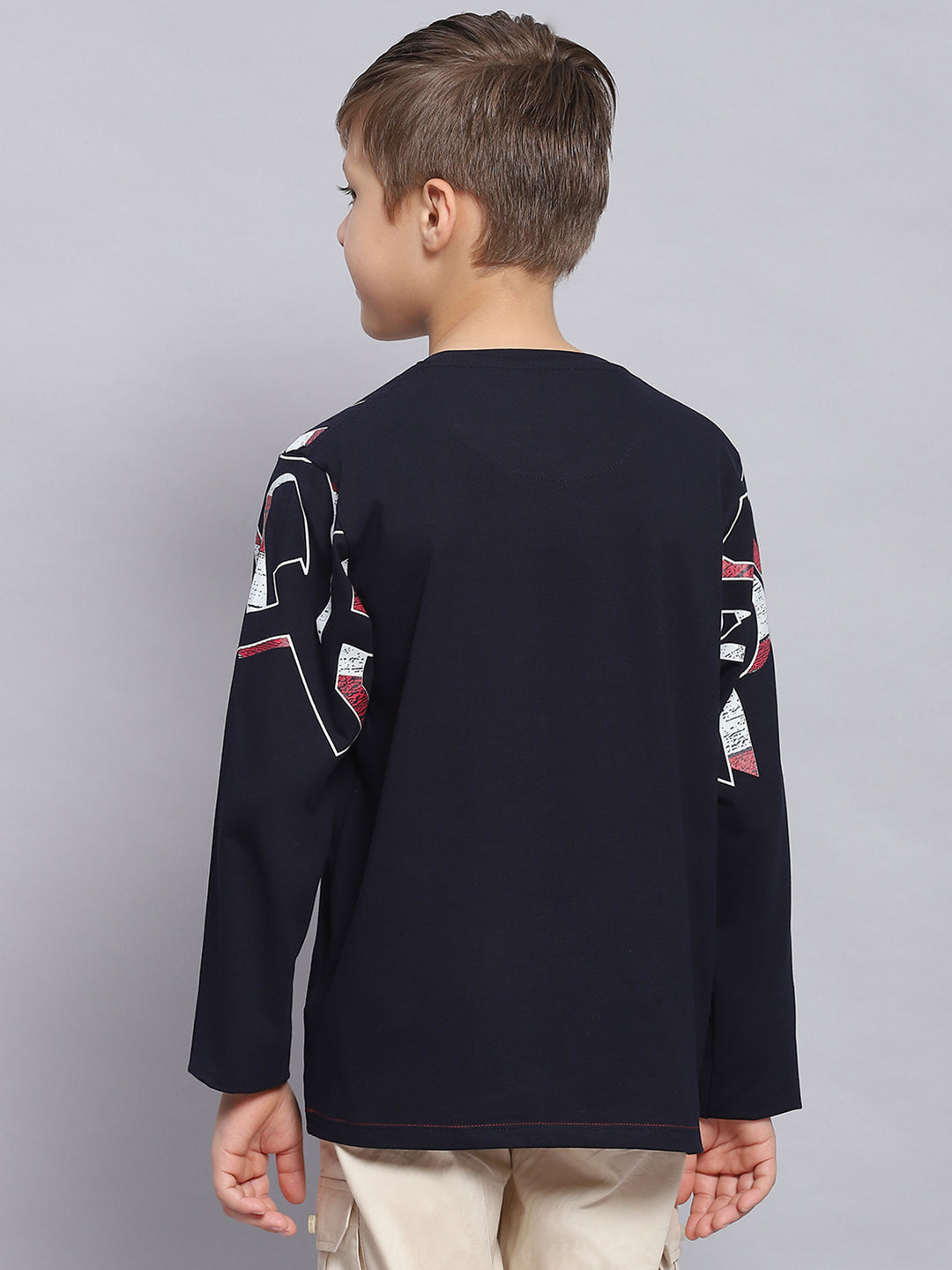 Boys Navy Blue Printed Round Neck Full Sleeve T-Shirts