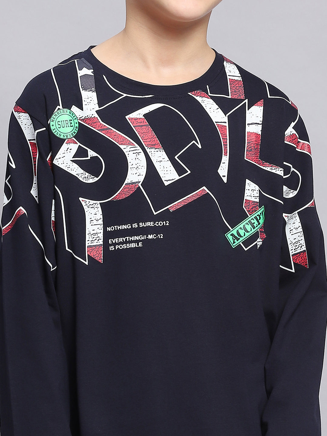 Boys Navy Blue Printed Round Neck Full Sleeve T-Shirts