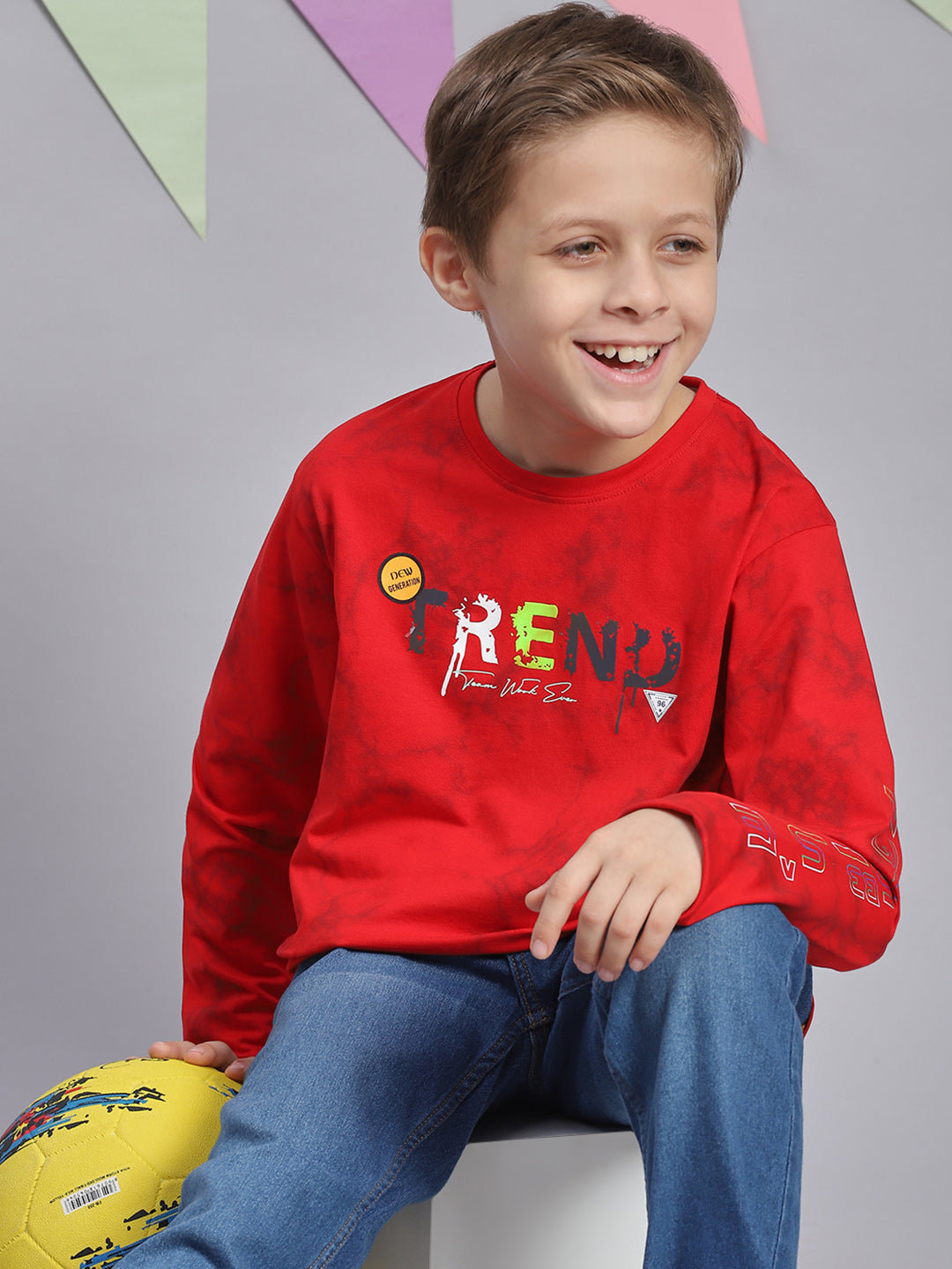 Boys Red Printed Round Neck Full Sleeve T-Shirts