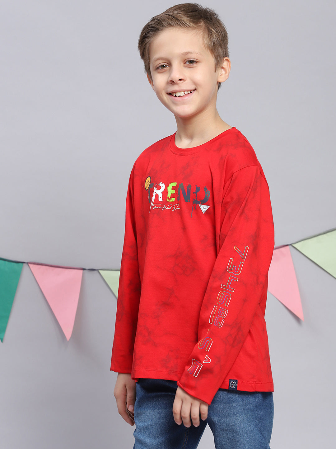 Boys Red Printed Round Neck Full Sleeve T-Shirts