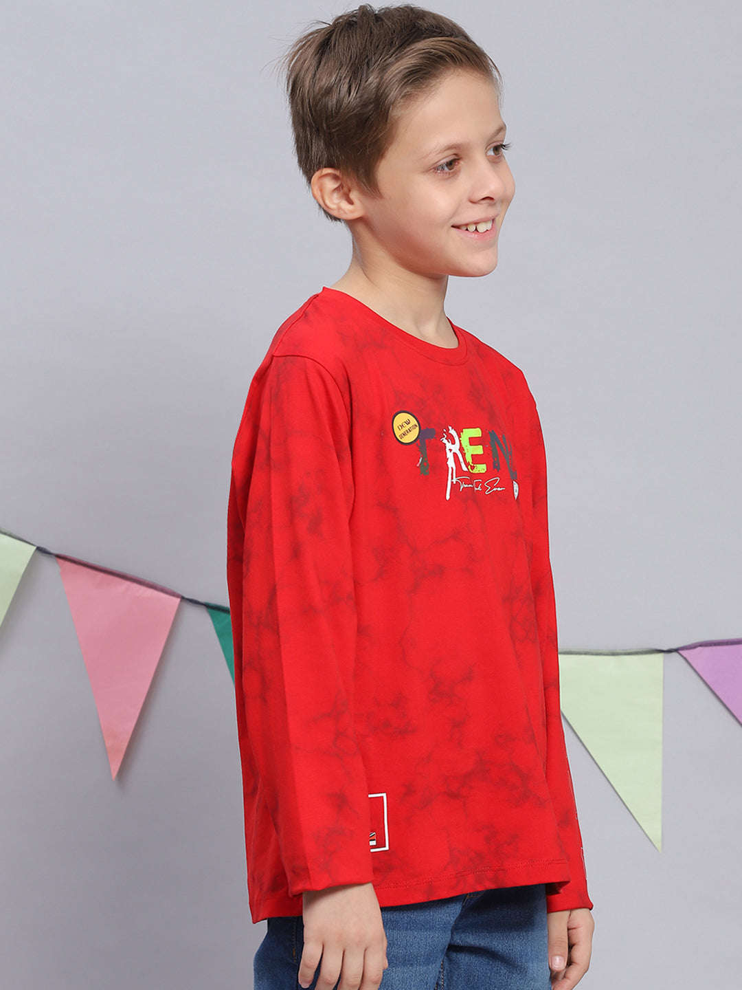 Boys Red Printed Round Neck Full Sleeve T-Shirts