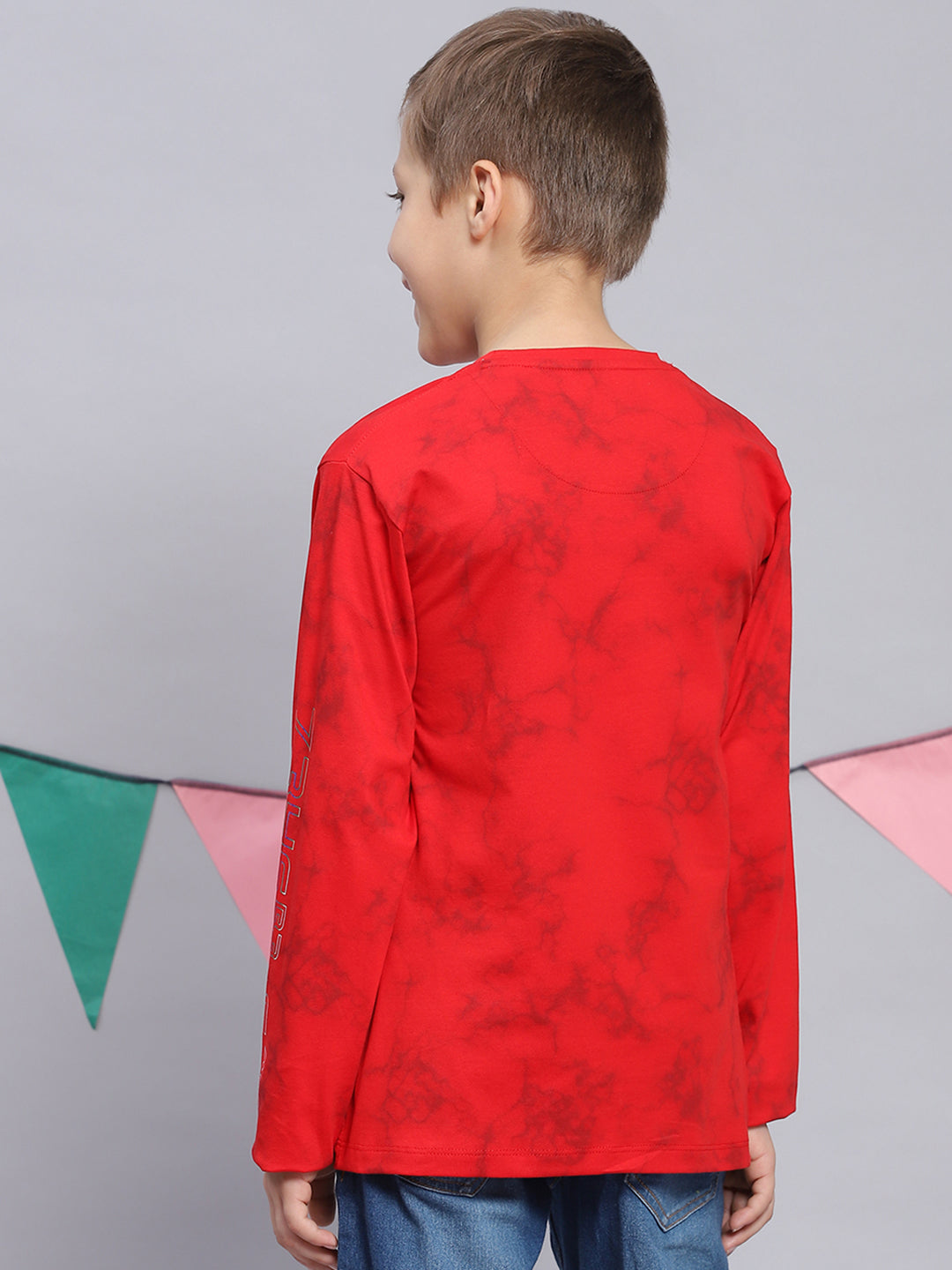 Boys Red Printed Round Neck Full Sleeve T-Shirts