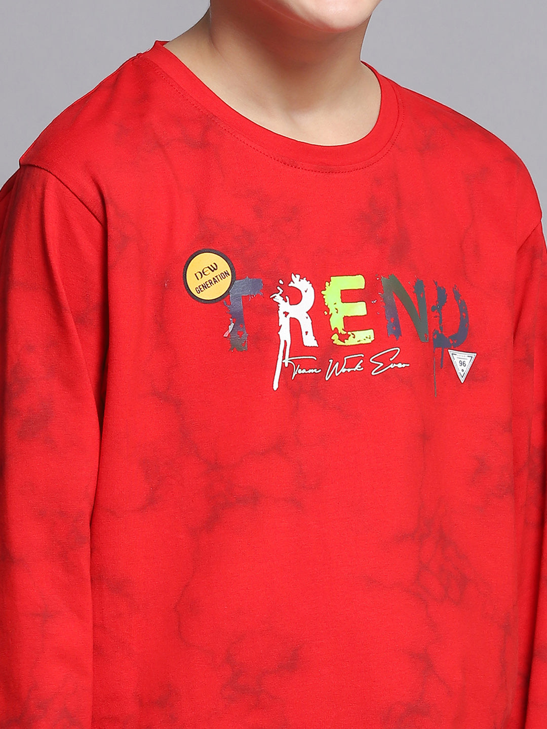 Boys Red Printed Round Neck Full Sleeve T-Shirts