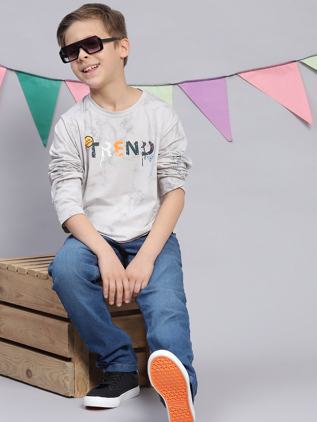 Boys Grey Printed Round Neck Full Sleeve T-Shirts