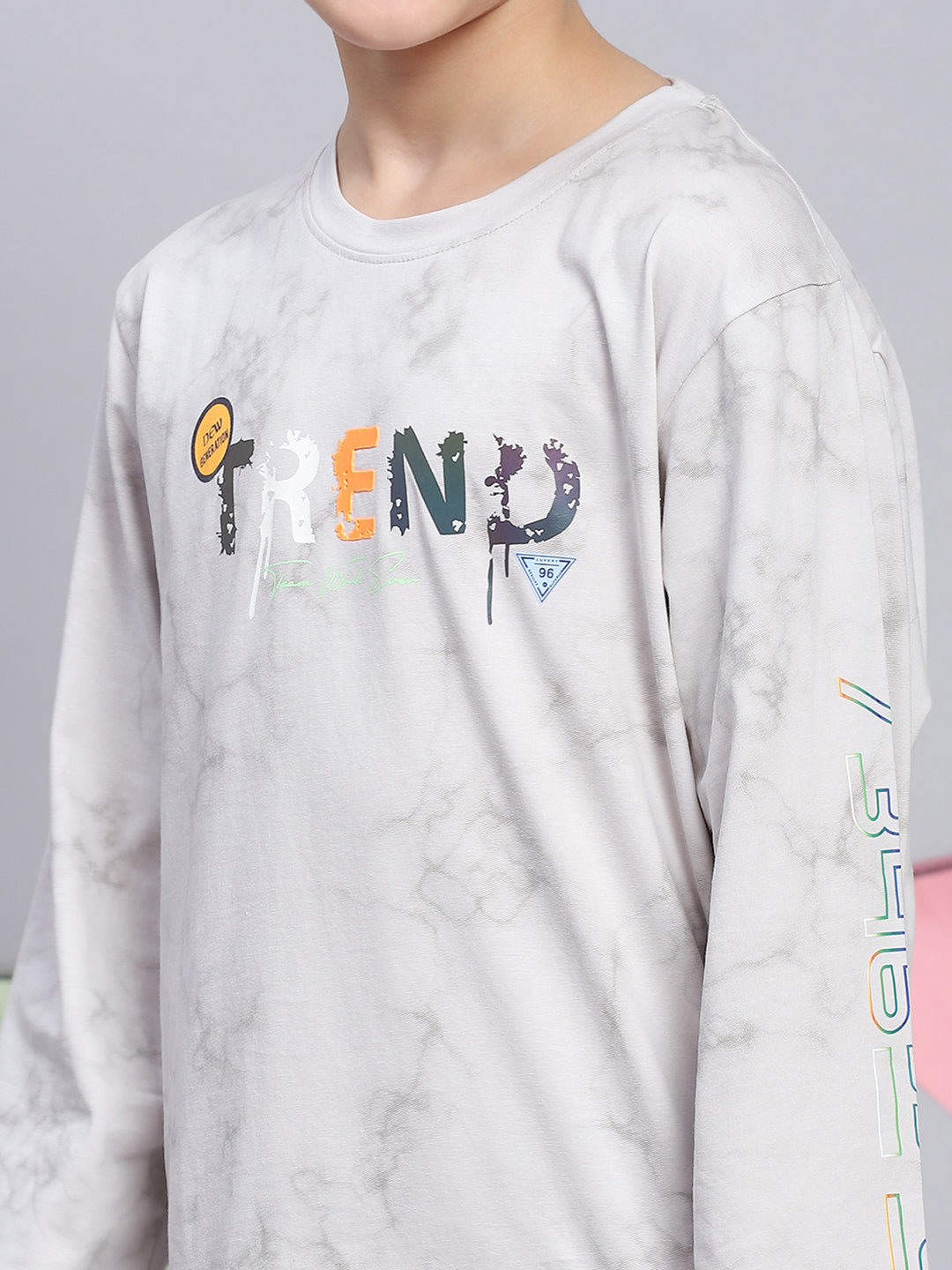 Boys Grey Printed Round Neck Full Sleeve T-Shirts