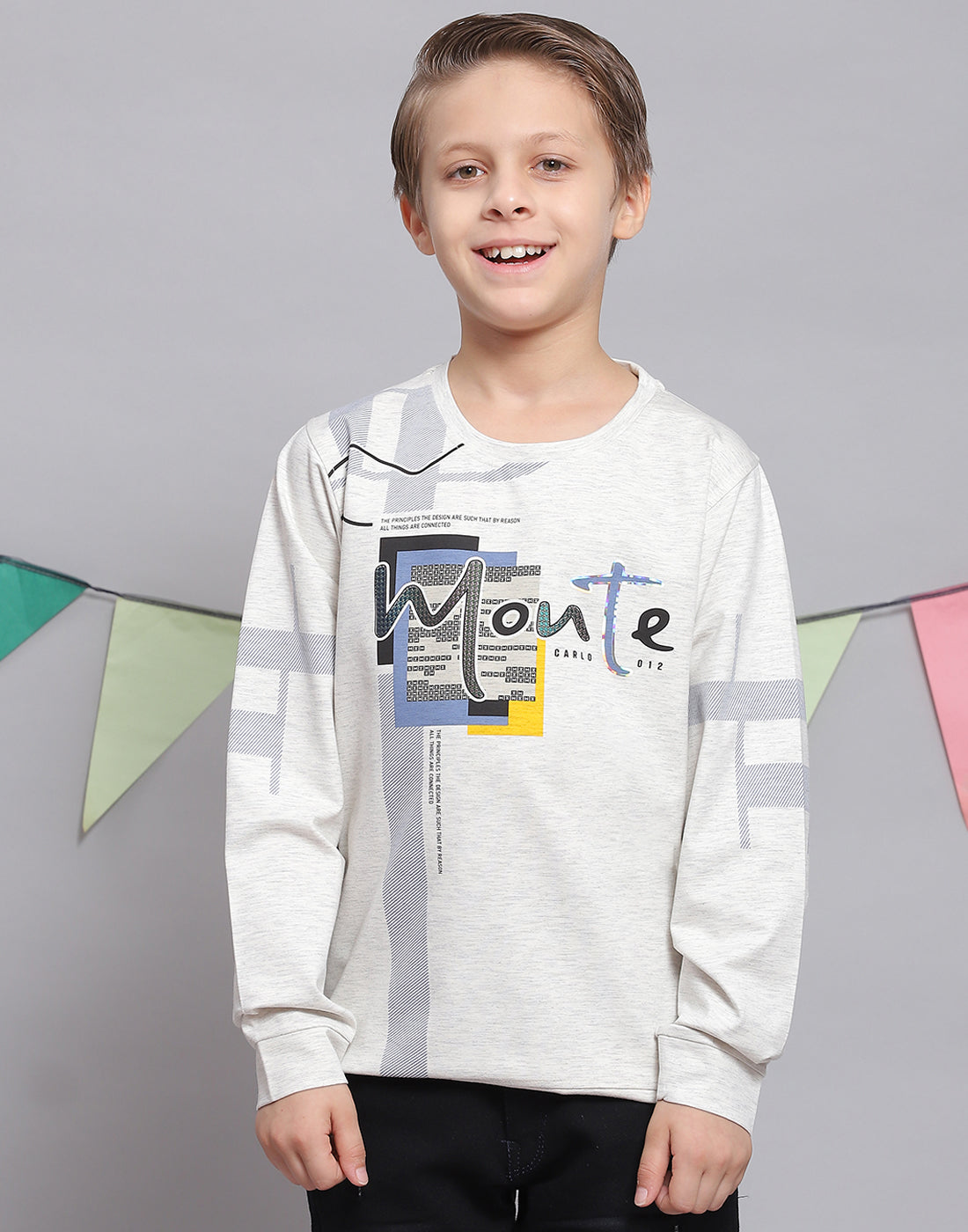 Boys Off White Printed Round Neck Full Sleeve T-Shirts