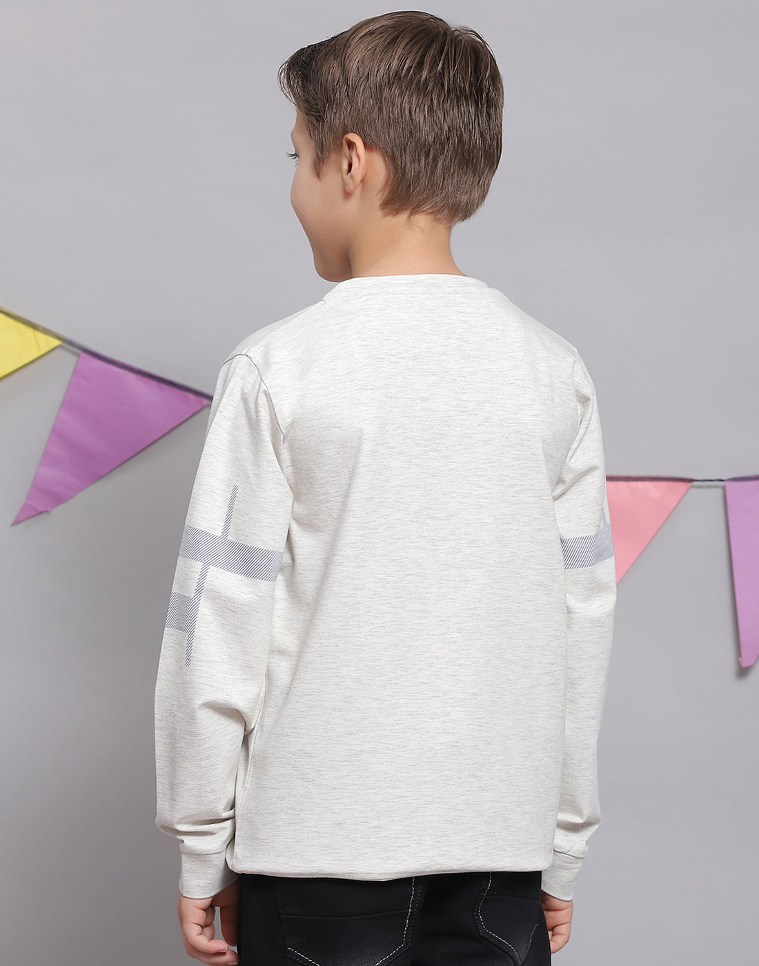 Boys Off White Printed Round Neck Full Sleeve T-Shirts