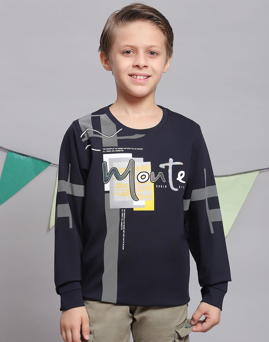 Boys Navy Blue Printed Round Neck Full Sleeve T-Shirts