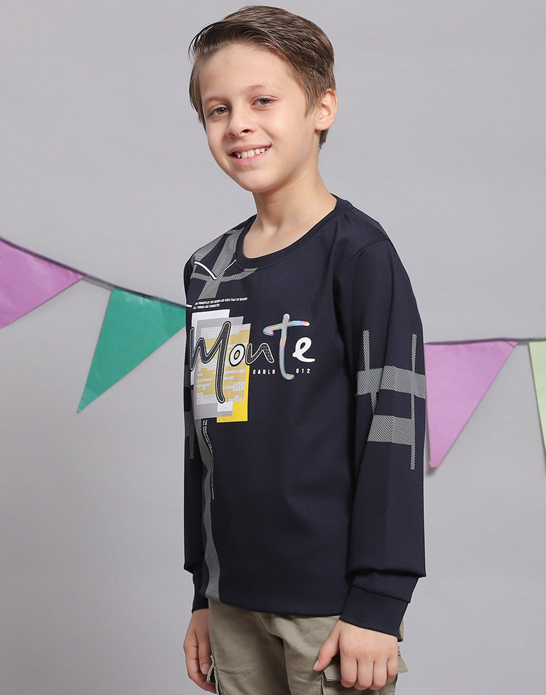 Boys Navy Blue Printed Round Neck Full Sleeve T-Shirts