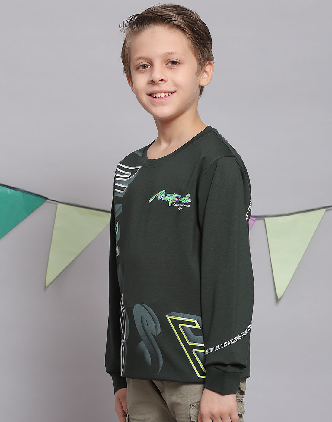Boys Green Printed Round Neck Full Sleeve T-Shirts