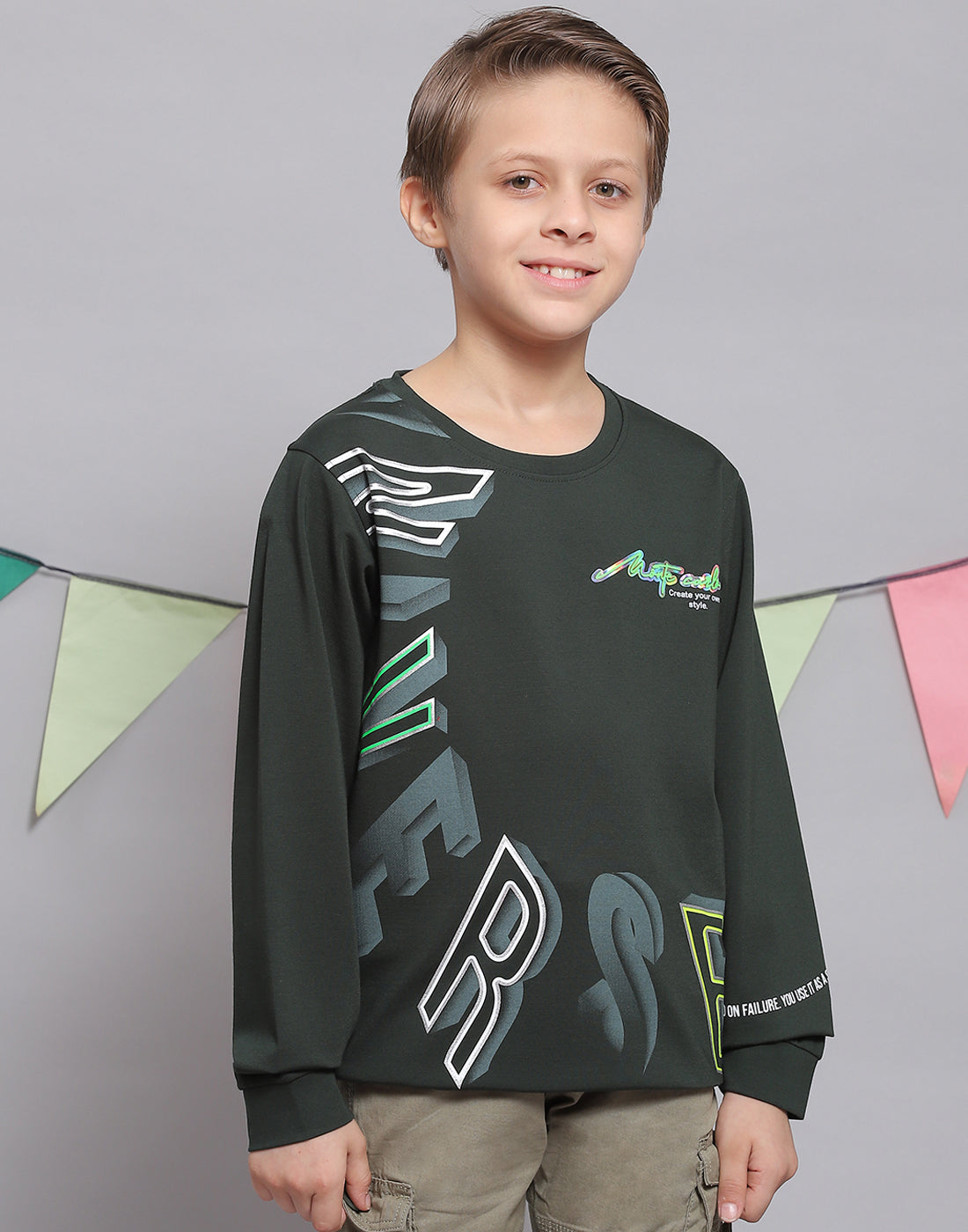 Boys Green Printed Round Neck Full Sleeve T-Shirts