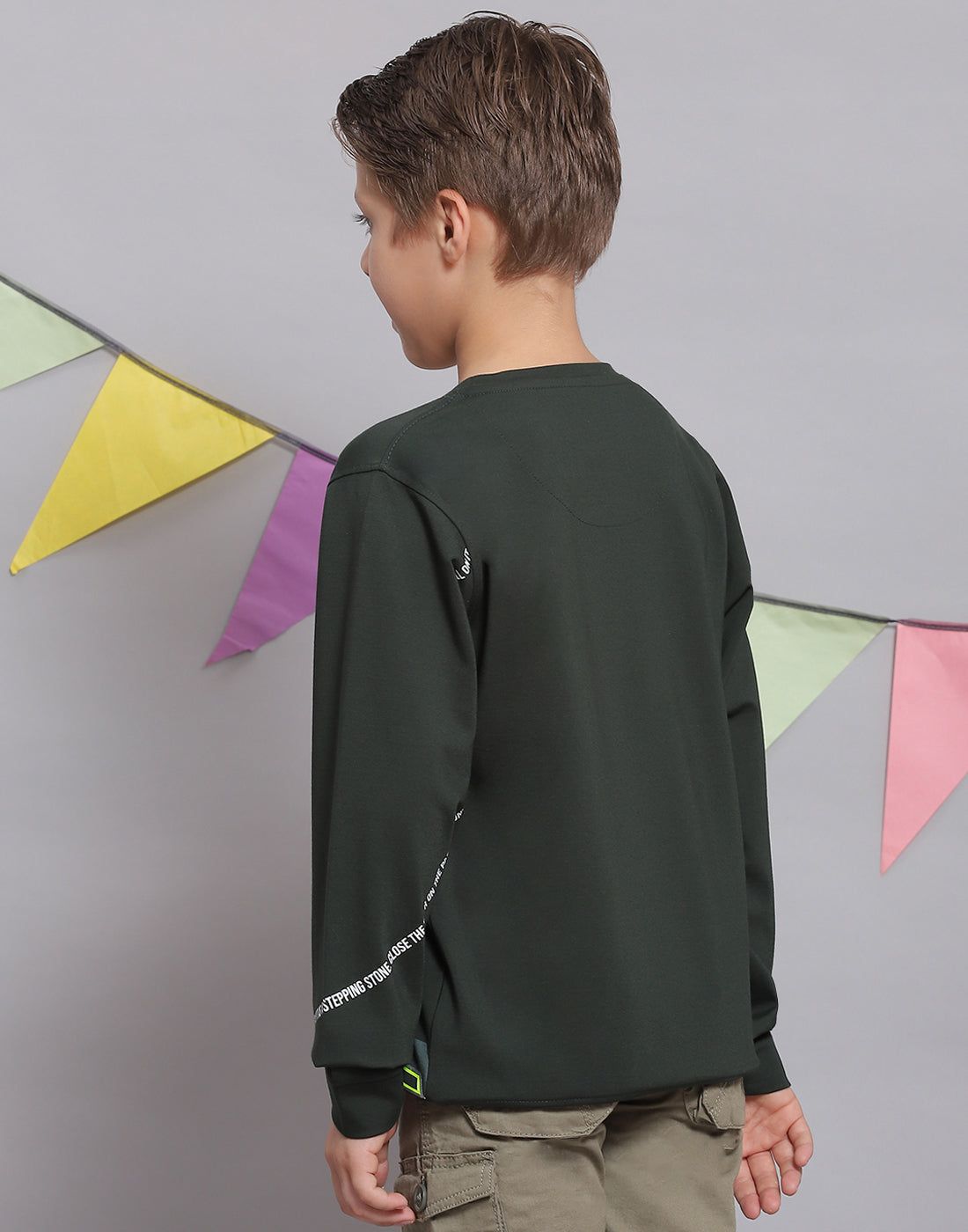 Boys Green Printed Round Neck Full Sleeve T-Shirts