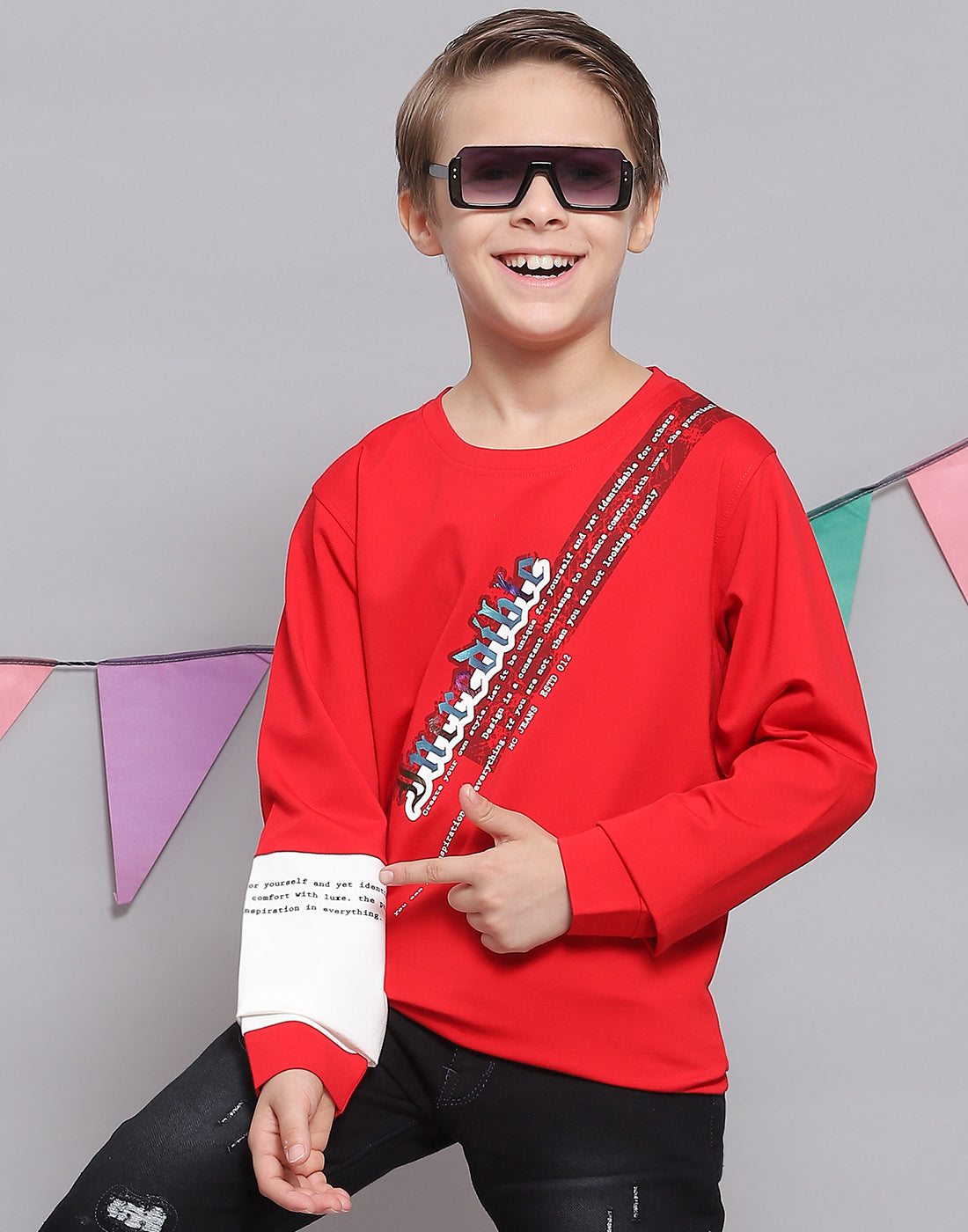Boys Red Printed Round Neck Full Sleeve T-Shirts