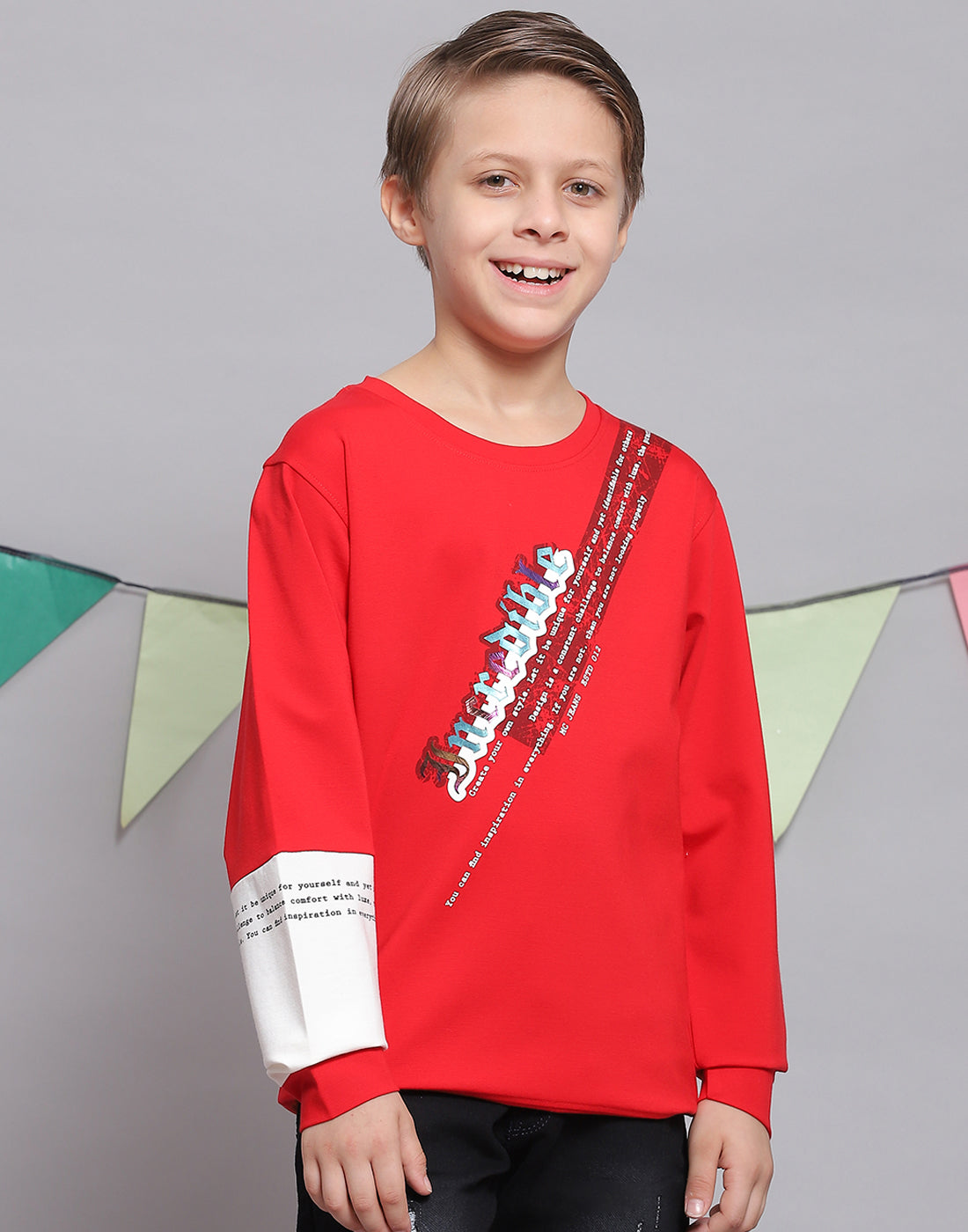 Boys Red Printed Round Neck Full Sleeve T-Shirts