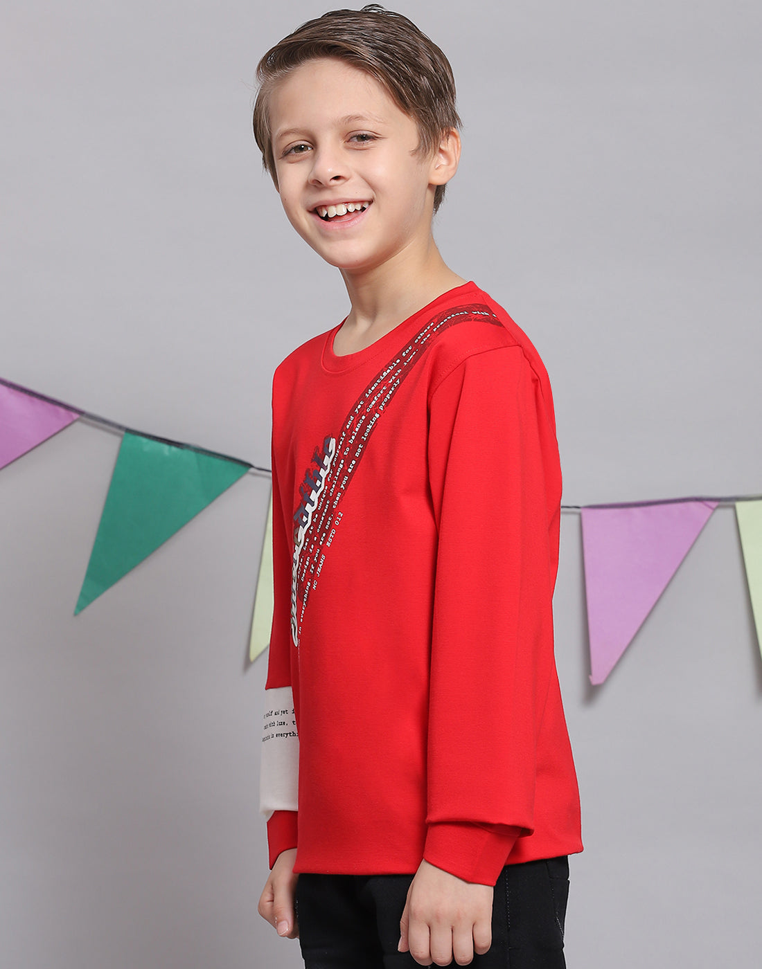 Boys Red Printed Round Neck Full Sleeve T-Shirts