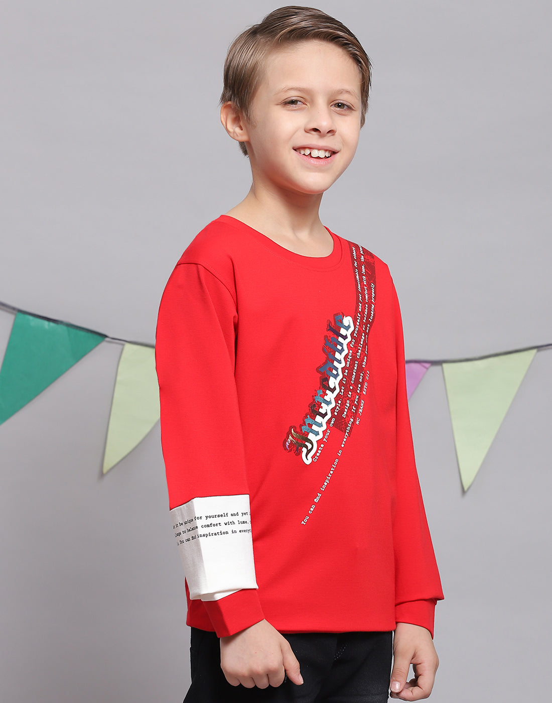 Boys Red Printed Round Neck Full Sleeve T-Shirts