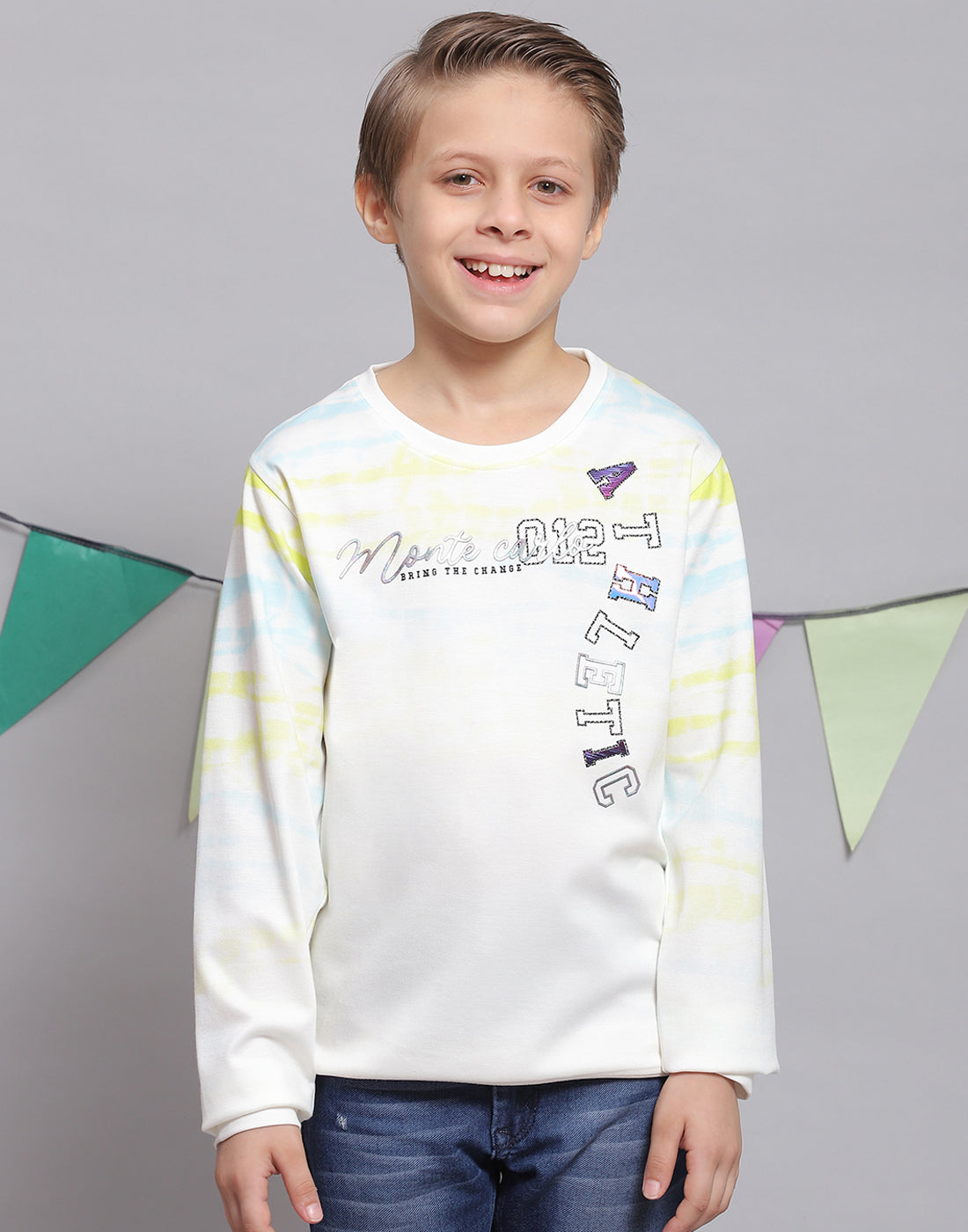 Boys Off White Printed Round Neck Full Sleeve T-Shirts