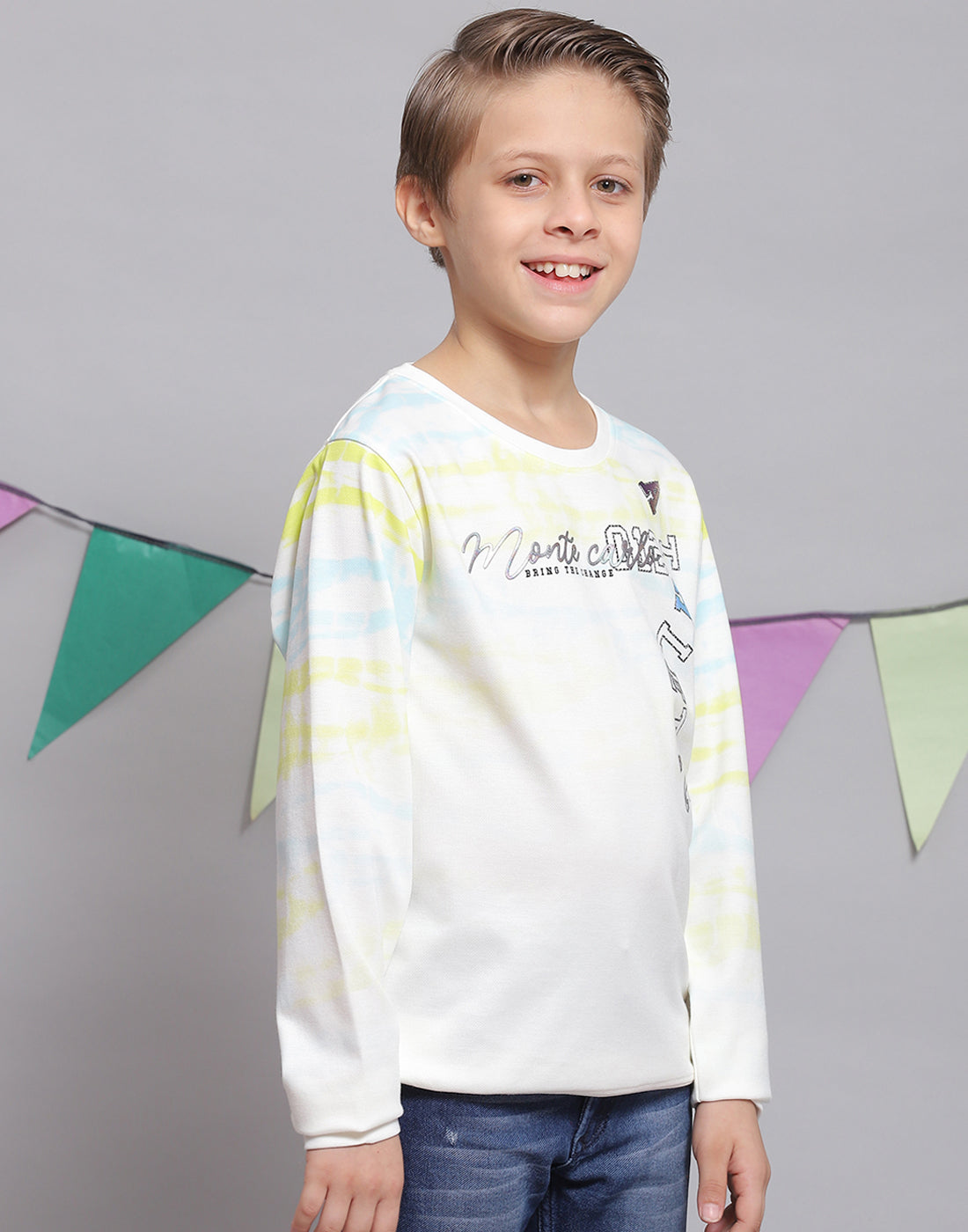 Boys Off White Printed Round Neck Full Sleeve T-Shirts