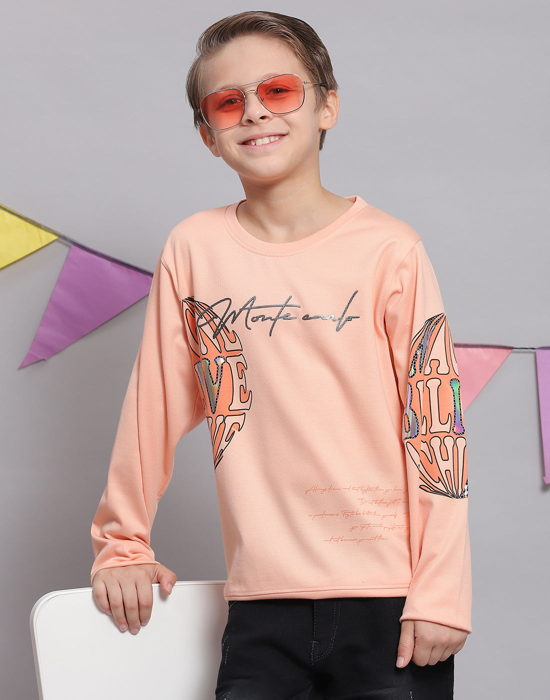 Boys Peach Printed Round Neck Full Sleeve T-Shirts