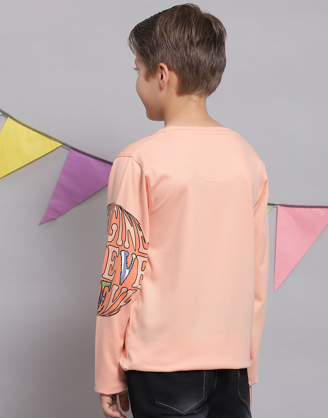 Boys Peach Printed Round Neck Full Sleeve T-Shirts