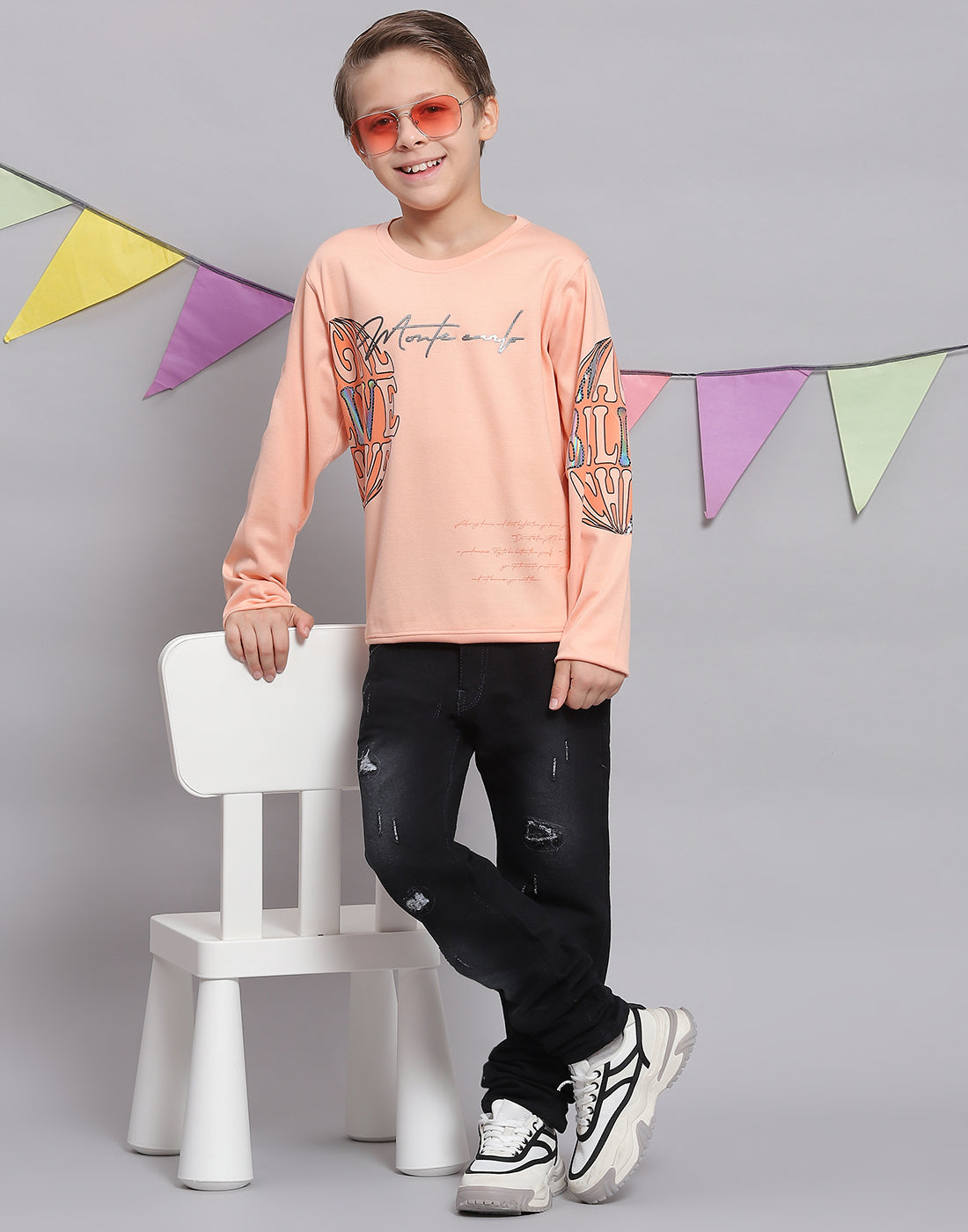 Boys Peach Printed Round Neck Full Sleeve T-Shirts